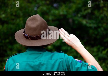 Boy scout in uniform performs three finger salute. Scout symbol hand gesture. France. Stock Photo
