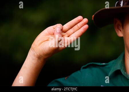 Boy scout in uniform performs three finger salute Stock Photo - Alamy