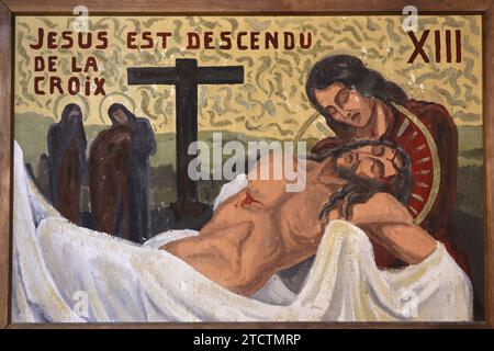 Notre Dame de la Couture catholic basilica, Bernay, Eure, France. Station of the cross painted by Loire Stock Photo