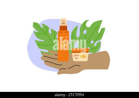 hand with dark skin holding spf cream and spray - cosmetic sunscreen protection concept. Vector illustration isolated. Can used for cosmetic background, banners. Flat design.  Stock Vector