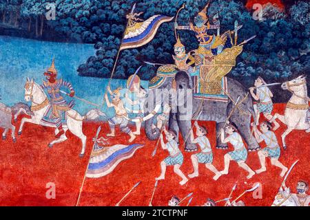 Royal palace complex.  Murals of scenes from the Khmer (Reamker) version of the classic Indian epic Ramayana.  Phnom Penh; Cambodia. Stock Photo