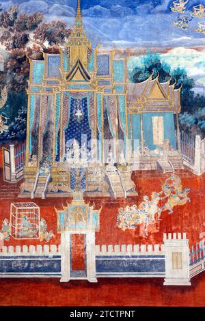 Royal palace complex.  Murals of scenes from the Khmer (Reamker) version of the classic Indian epic Ramayana.  Phnom Penh; Cambodia. Stock Photo