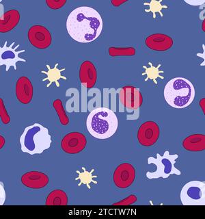 Flat cartoon seamless pattern of red and white blood cells on deep blue background. Stock Vector