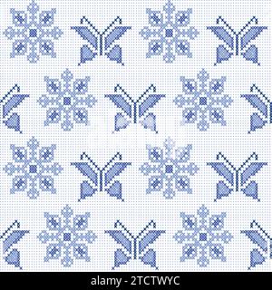 Blue cross stitch traditional embroidery with butterflies and flowers Stock Vector