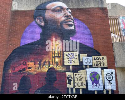 Wall art in Brixton, England, U.K. Marvin Gaye’s song What’s going on Stock Photo