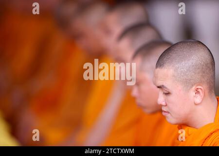 Phuoc Hue buddhist pagoda.  Monks at buddhist ceremony praying in the main  hall.  Vietnam. Stock Photo