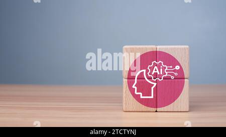 Wooden cube with Ai icon on wooden background, Artificial Intelligence, Ai technology. Artificial Intelligence to help solve work problems and improve Stock Photo