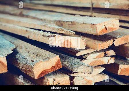 Large stack of wood planks, teak wood Stock Photo