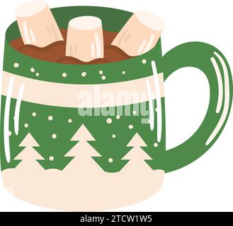 Hot cocoa with marshmallows in a green mug with a winter ornament in the shape of Christmas trees Stock Vector