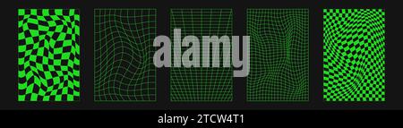 Abstract wireframes, cyberpunk elements and perspective green grids and spheres. Surreal geometric retro futuristic set. Psychedelic y2k shapes. Rave Stock Vector