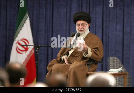 Tabriz, Iran. 14th Dec, 2023. Iranian Supreme Leader Ayatoallah Ali Khamenei meets with the members of the Congress of Commemoration of 10,000 Martyrs of East Azerbaijan Province. Credit: -/Iranian Supreme Leader's Office/dpa - ATTENTION: editorial use only and only if the credit mentioned above is referenced in full/dpa/Alamy Live News Stock Photo