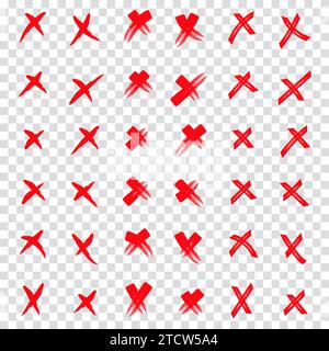 Grunge set X. Set red shapes on a isolation transparent background. X red mark vector set collection. Cross sign icon from hand brush strokes. Hand dr Stock Vector