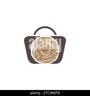 Shopping basket web wooden icon vector image. Retail shop or store with shopping bag and wood icon inside Stock Vector