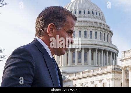 (231214) -- WASHINGTON, D.C., Dec. 14, 2023 (Xinhua) -- Hunter Biden, son of U.S. President Joe Biden, is seen after a news conference outside the Capitol in Washington, DC, the United States, Dec. 13, 2023. U.S. House Republicans on Wednesday voted to authorize impeachment inquiry into President Joe Biden, in a 221-212 vote along party lines.As of now, no substantiated evidence has surfaced to demonstrate that Joe Biden, in his current or past official capacities, engaged in the misuse of his position or accepted illicit payments. However, ethical concerns have been raised regarding the int Stock Photo