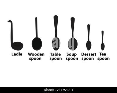 Silhouettes of six types of spoon of various sizes Stock Vector