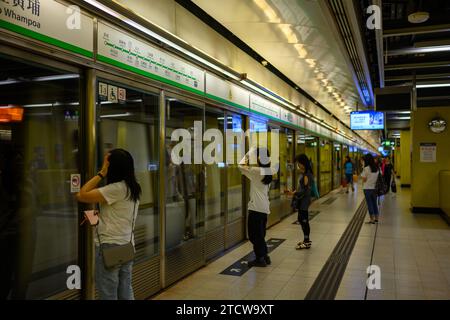 HONG KONG - May 1, 2019: Inside the saloon of the MTR Modernisation train (M-train) with no passenger. The M-train is the train used since opening of Stock Photo