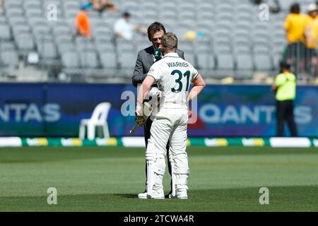 Perth Stadium, Perth, Australia. 14th Dec, 2023. International Test Cricket, Australia versus Pakistan 1st Test Day 1; Former Australian cricketer Adam Gilchrist interviews David Warner at the tea interval Credit: Action Plus Sports/Alamy Live News Stock Photo