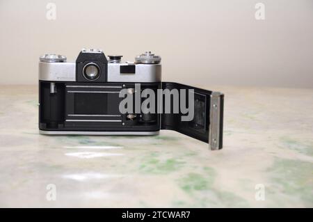 Zenith brand photography camera with lens and leather cover with rear view Stock Photo