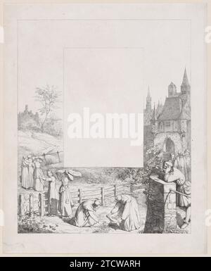 Plate 5: women collecting plants and carrying them over their heads, a male onlooker at right and a castle at right in the background, from 'Lieder eines Malers mit Randzeichnungen seiner Freunde' 1949 by Eduard Julius Friedrich Bendemann Stock Photo