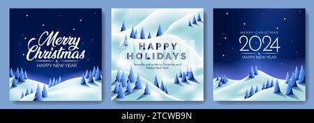 Happy Holidays, Merry Christmas and New Year greeting cards set with lettering and snowy mountain hillside forest, vector illustration Stock Vector