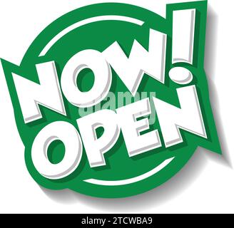 Now open door sign or web banner in comic style. Vector on transparent ...