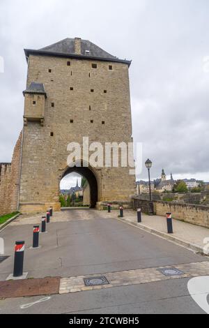 View to walls and tower of the Rham plateau in the city Luxembourg Stock Photo