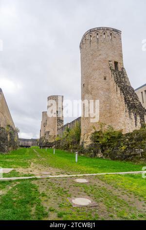 View to walls and tower of the Rham plateau in the city Luxembourg Stock Photo