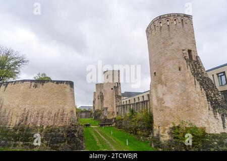 View to walls and tower of the Rham plateau in the city Luxembourg Stock Photo