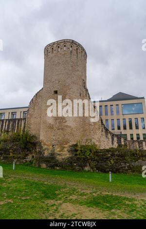 View to walls and tower of the Rham plateau in the city Luxembourg Stock Photo