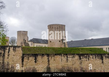 View to walls and tower of the Rham plateau in the city Luxembourg Stock Photo