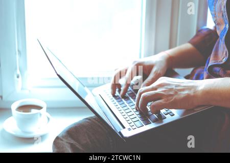 Programmer's hands on laptop keyboard Stock Photo