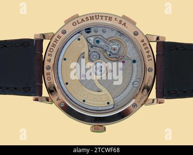Back of wrist watch from A. Lange und Sohne, German manufacturer of luxury and prestige watches. Interior mechanism with gears and cogs. Isolated on y Stock Photo