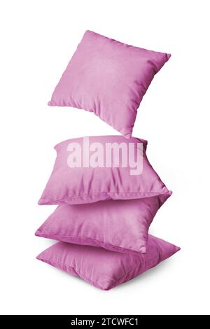 Stack of pink pillows isolated on white background. Pile of  decorative cushions for sleeping and resting, home interior, house decor. Stock Photo