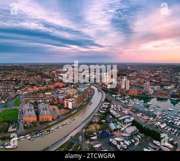 An aerial photo of the Wet Dock in Ipswich, Suffolk, UK at sunrise Stock Photo