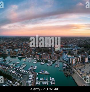 An aerial photo of the Wet Dock in Ipswich, Suffolk, UK at sunrise Stock Photo