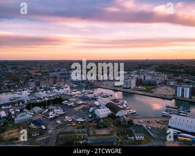 An aerial photo of the Wet Dock in Ipswich, Suffolk, UK at sunrise Stock Photo