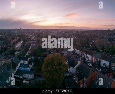 An aerial view of a residential area of Ipswich, Suffolk, UK at sunset Stock Photo