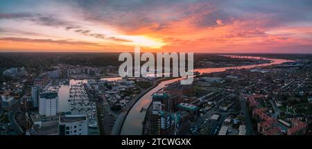 An aerial photo of the Wet Dock in Ipswich, Suffolk, UK at sunrise Stock Photo