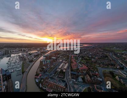 An aerial photo of the Wet Dock in Ipswich, Suffolk, UK at sunrise Stock Photo