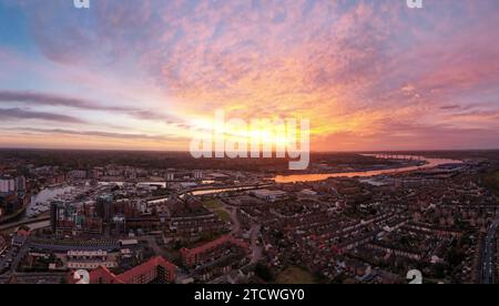 An aerial photo of the Wet Dock in Ipswich, Suffolk, UK at sunrise Stock Photo