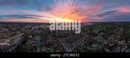 An aerial photo of the Wet Dock in Ipswich, Suffolk, UK at sunrise Stock Photo