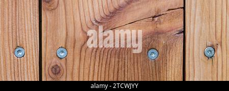 Close-up of larch boards and steel wood screws in panoramic background. Paneling detail of natural planks with stainless self-drilling torx woodscrews. Stock Photo