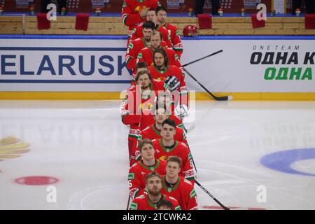 Saint Petersburg, Russia. 14th Dec, 2023. Belarus national hockey team players, seen in action during the Channel One Cup (ice hockey) between Belarus and Kazakhstan at the Ice Sports Palace. Final score; Belarus 6:2 Kazakhstan. (Photo by Maksim Konstantinov/SOPA Images/Sipa USA) Credit: Sipa USA/Alamy Live News Stock Photo