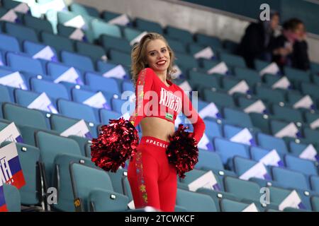 Saint Petersburg, Russia. 14th Dec, 2023. Cheerleader lady seen during the Channel One Cup (ice hockey) between Belarus and Kazakhstan at the Ice Sports Palace. Final score; Belarus 6:2 Kazakhstan. (Photo by Maksim Konstantinov/SOPA Images/Sipa USA) Credit: Sipa USA/Alamy Live News Stock Photo