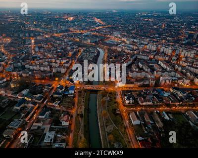 Aerial view of Bega River shores in the European Capital of Culture in 2023. Drone photo taken on 12th of December 2023, in Timisoara, Timis county, R Stock Photo