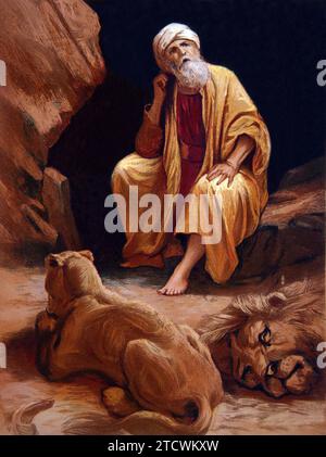Chromolithographic Print of Daniel in the Den of Lions (Book of Daniel) by P.R.Morris from Antique Bible Stock Photo