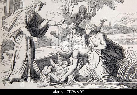 Pharaoh's Daughter Finding Moses in the Bullrushes Exodus Old Testament in 19th Century Bible Stock Photo