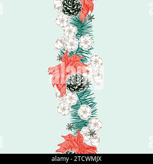 Poinsettia, cotton, pine branch, pine cones. Vertical seamless border. Vector illustration. Decor for sale banners, cards, invitations, labels. Stock Vector