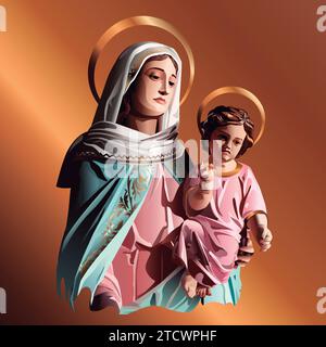 Our Lady, Madonna, Virgin Mary Holding Baby Jesus Catholicism Saint Symbol Image Vector Illustration. Stock Vector