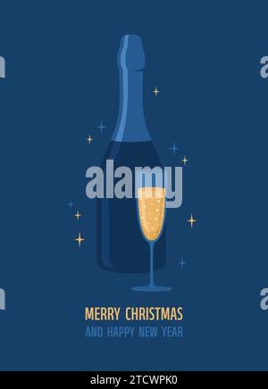 Christmas greeting card. Bottle and glass of champagne or sparkling wine on a dark blue background. Flat vector illustration Stock Vector